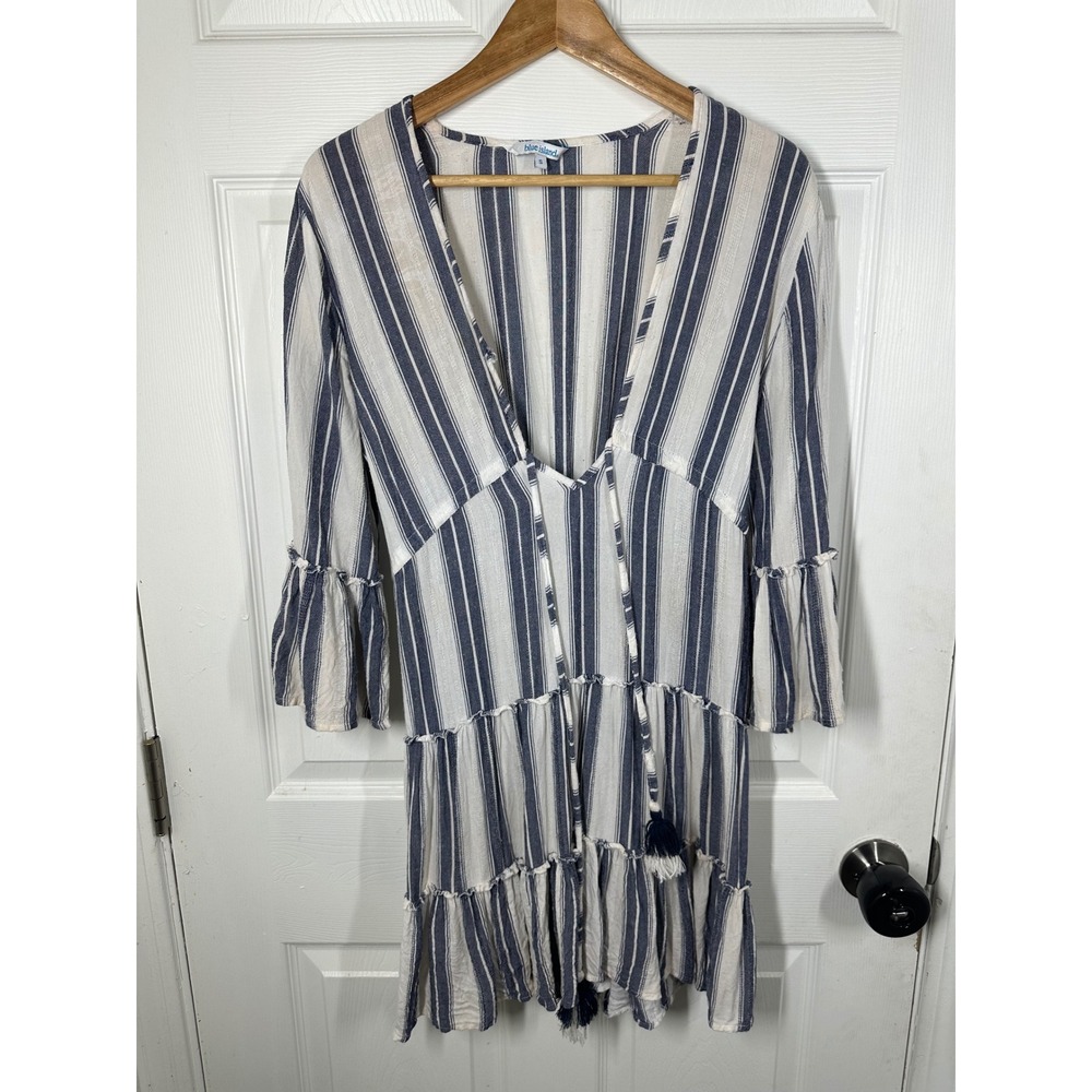 Blue Island‎ Dress Womens S Blue Striped V-Neck Tiered Boho Bell Sleeve Mini